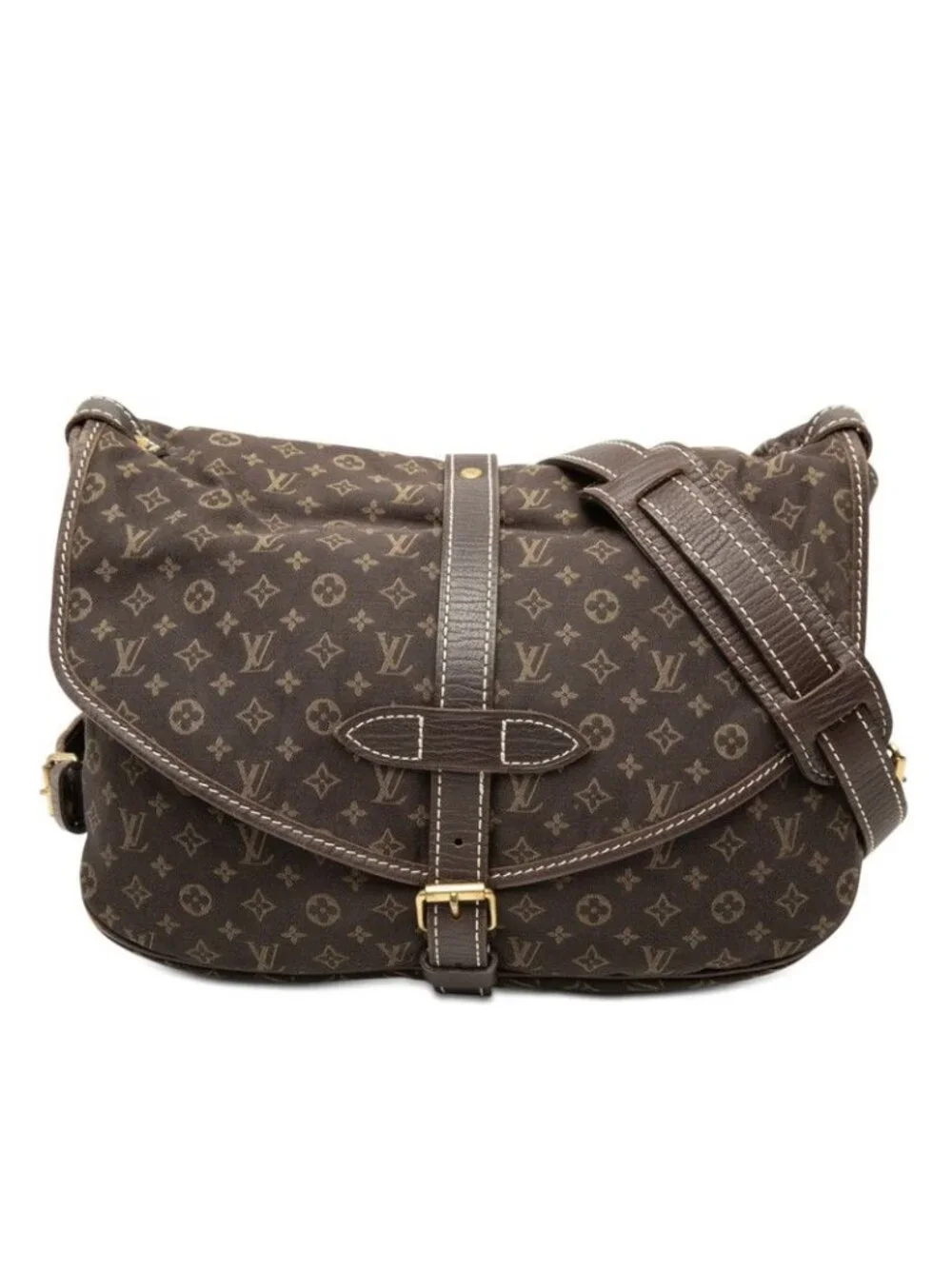 Louis Vuitton Monogram Mini Lin Saumur 30 Crossbody Shoulder Bag Dark Brown